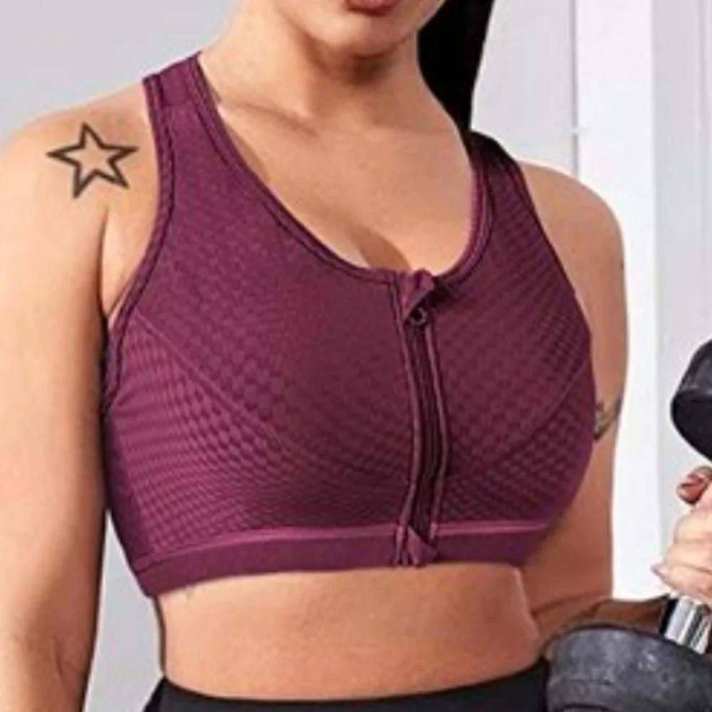 Junlan Women Zip Front High Impact Sports Bra in Maroon Size M